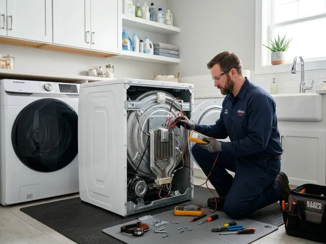 Appliance Repair Hero technician checking a dryer heating element with the rear panel off in Blackstone, MA