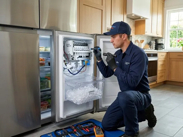 Appliance Repair Hero technician repairing a refrigerator ice maker in Blackstone, MA