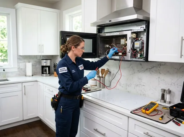 Appliance Repair Hero technician testing an over-the-range microwave in a Blackstone, MA kitchen