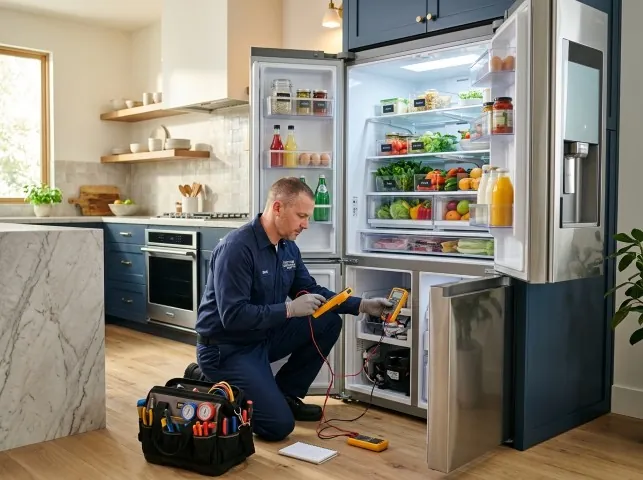 Appliance Repair Hero refrigerator technician testing a fridge on a Blackstone, MA service call