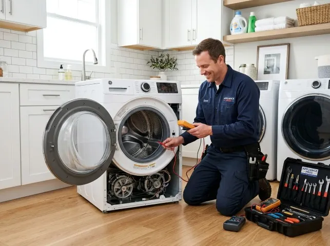 Appliance Repair Hero technician testing a front-load washer with a multimeter on a Blackstone, MA service call